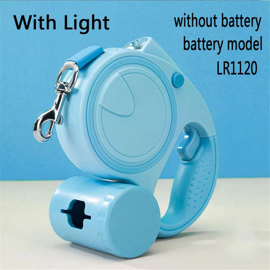 Retractable Dog Leash with LED & Waste Bag Holder – 5M Durable Nylon for Night Walks & Runs